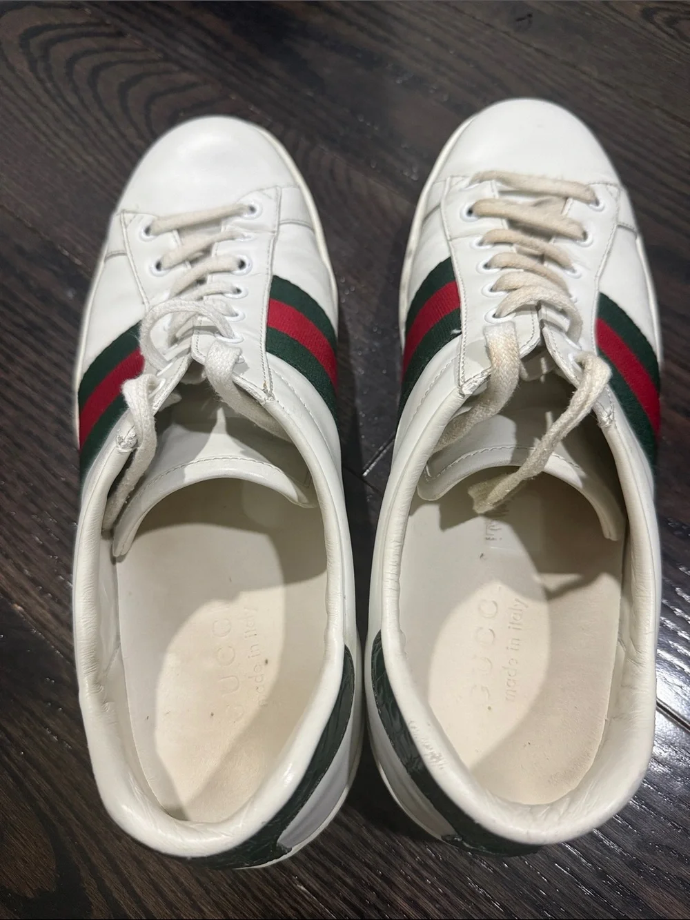 Gucci White Leather Sneakers with Green & Red Web Stripe